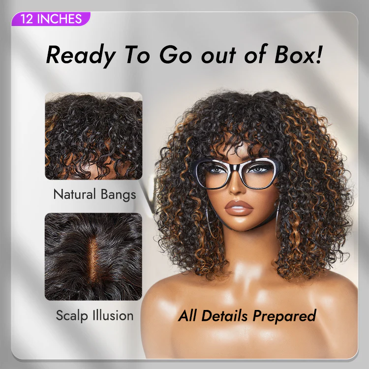 1 SEC INSTALL WIG | Brown Highlight / Natural Black Water Wave Natural Scalp Glueless Minimalist Lace Short Curly Wig with Bangs - Image 4