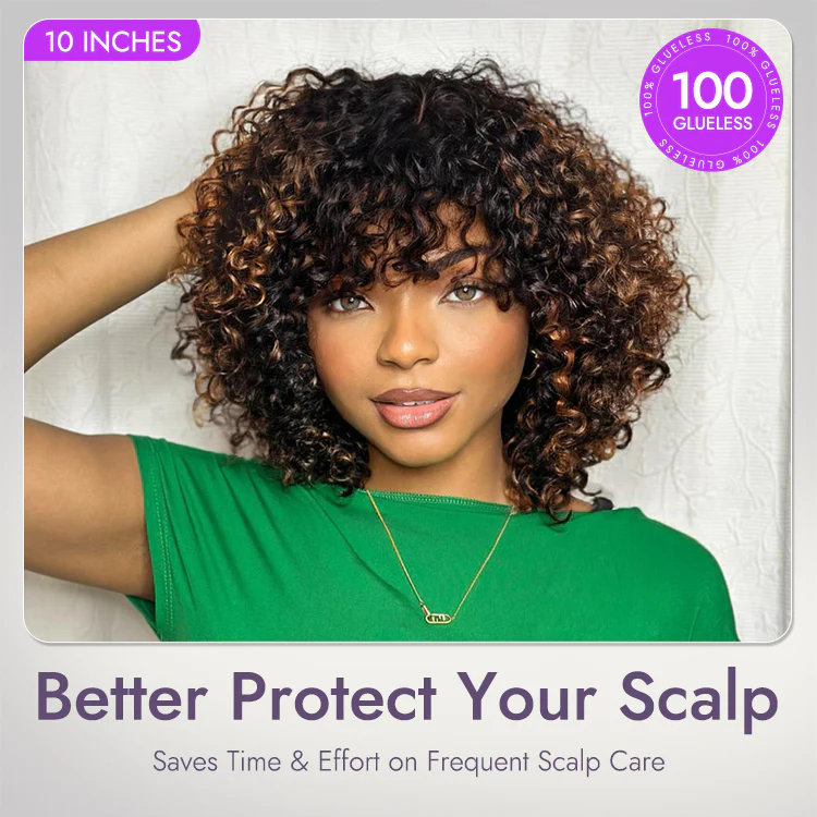 1 SEC INSTALL WIG | Brown Highlight / Natural Black Water Wave Natural Scalp Glueless Minimalist Lace Short Curly Wig with Bangs - Image 5