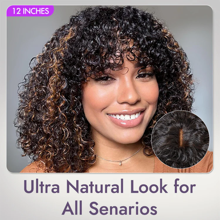 1 SEC INSTALL WIG | Brown Highlight / Natural Black Water Wave Natural Scalp Glueless Minimalist Lace Short Curly Wig with Bangs - Image 6