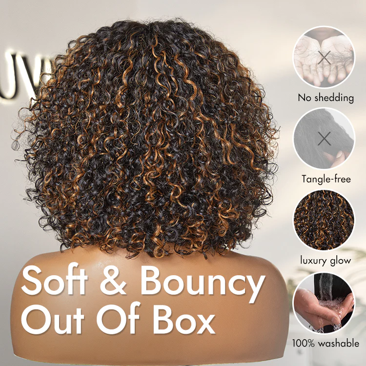 1 SEC INSTALL WIG | Brown Highlight / Natural Black Water Wave Natural Scalp Glueless Minimalist Lace Short Curly Wig with Bangs - Image 7