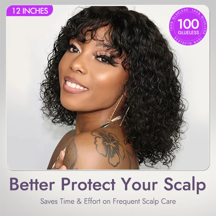 1 SEC INSTALL WIG | Brown Highlight / Natural Black Water Wave Natural Scalp Glueless Minimalist Lace Short Curly Wig with Bangs - Image 9