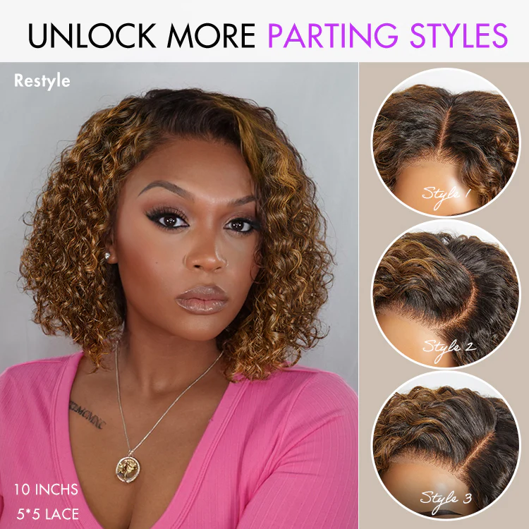 Warm Caramel Brown / Natural Black / Blonde Highlight Deep Curly Glueless 5x5 Closure Pre-Cut Lace Wig - Image 3