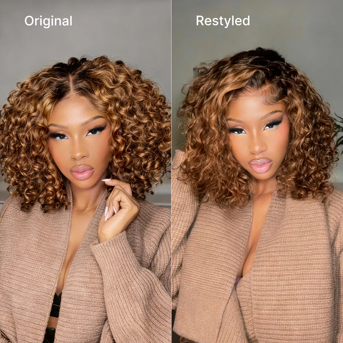 Warm Caramel Brown / Natural Black / Blonde Highlight Deep Curly Glueless 5x5 Closure Pre-Cut Lace Wig - Image 4
