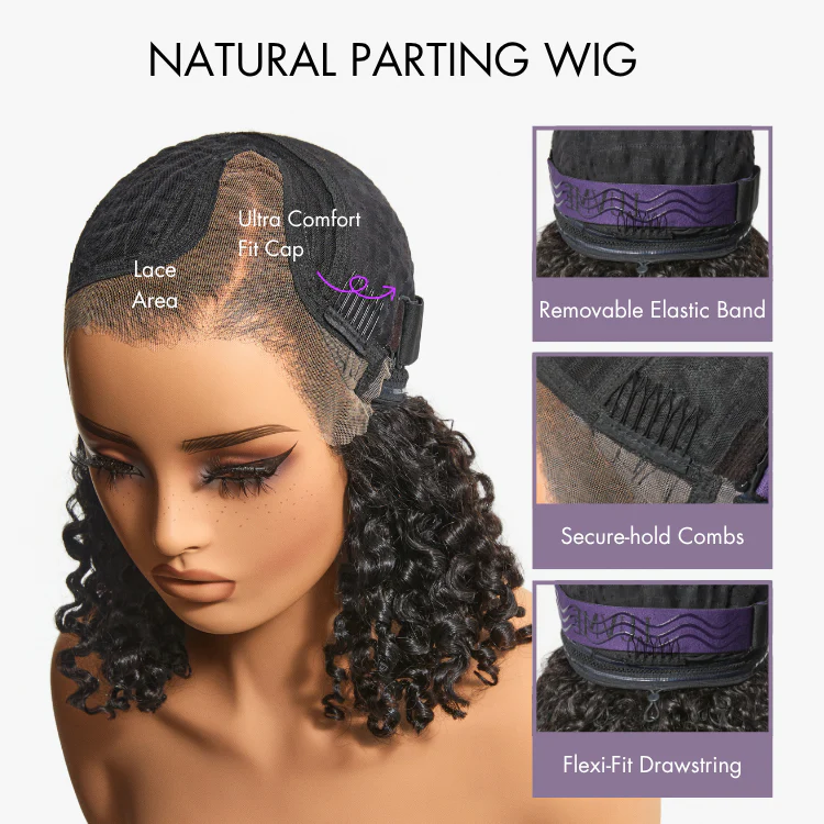 180% Density 4C Kinky Edges Jet Black Burmese Curly Glueless Ear-to-ear Wide T Pre-Cut Lace Front Wig Flexi-Fit Drawstring Cap - Image 5