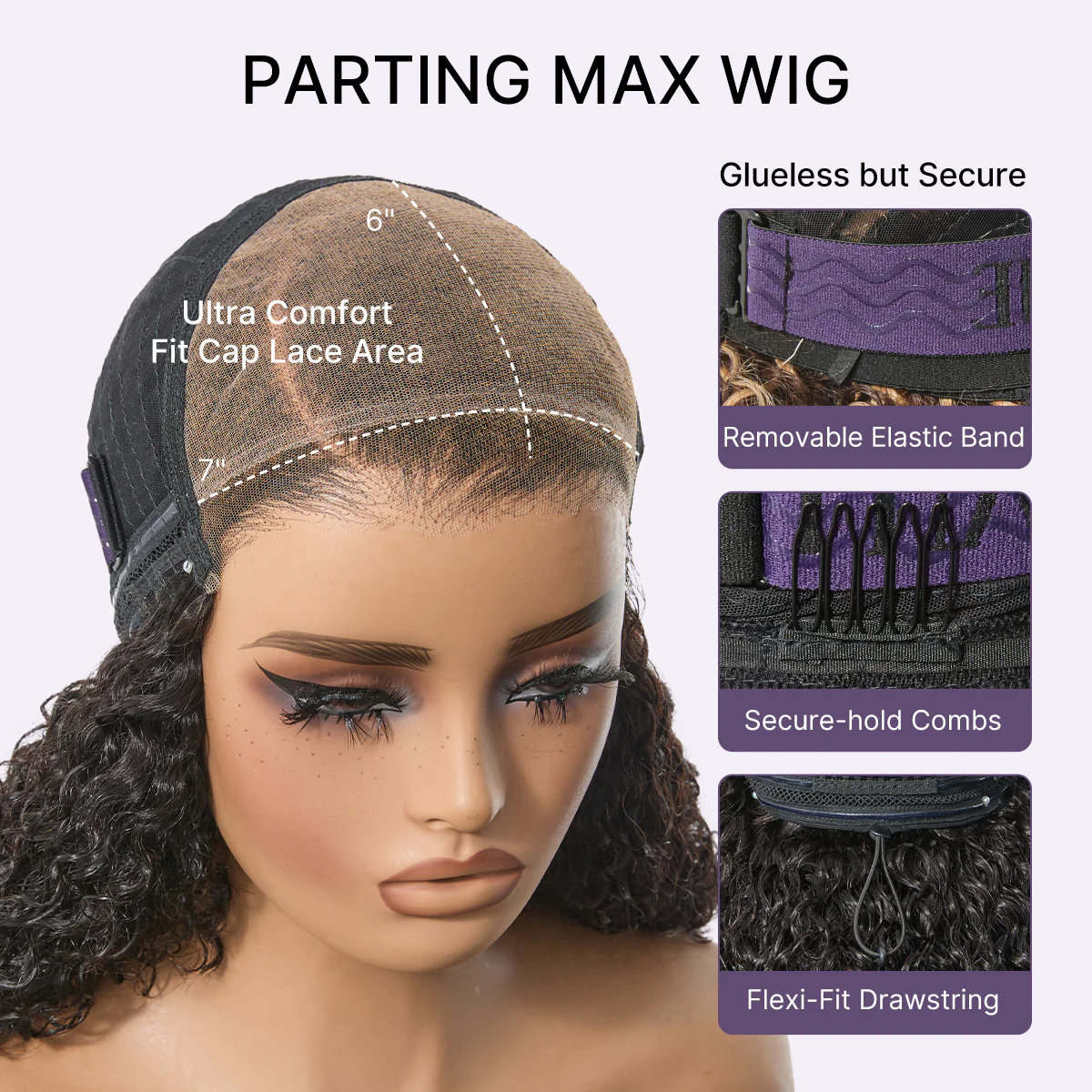 180% Density Kinky Curly PartingMax Glueless 7x6 Closure HD Lace Wig Pre-Cut Lace Flexi-Fit Drawstring Cap - Image 11