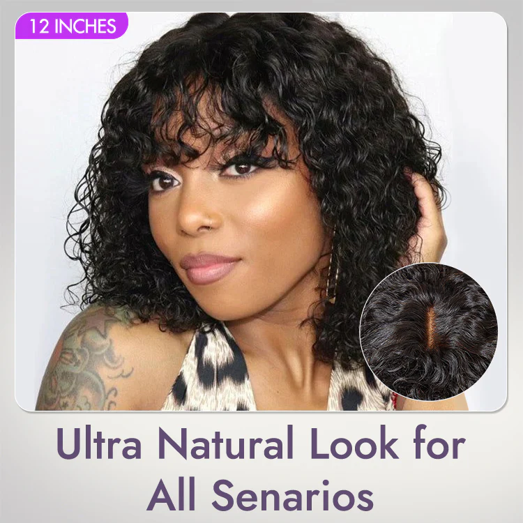 48H Delivery | Beginner Friendly Water Wave Minimalist Lace Glueless Short Curly Wig with Bangs - US Only - Image 3