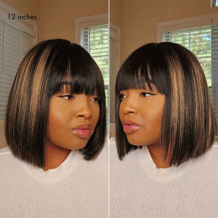 48H Delivery | Put On and Go Realistic Glueless Yaki Straight Bob with Bangs Minimalist Lace Wig 100% Human Hair - Image 6