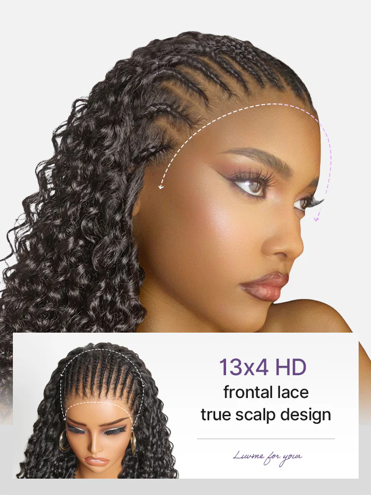 48H Delivery | Readitress™ Knotless Fulani Braids Deep Wave Glueless Ear-to-ear 13x4 Frontal HD Lace Wig Human Hair - Image 7