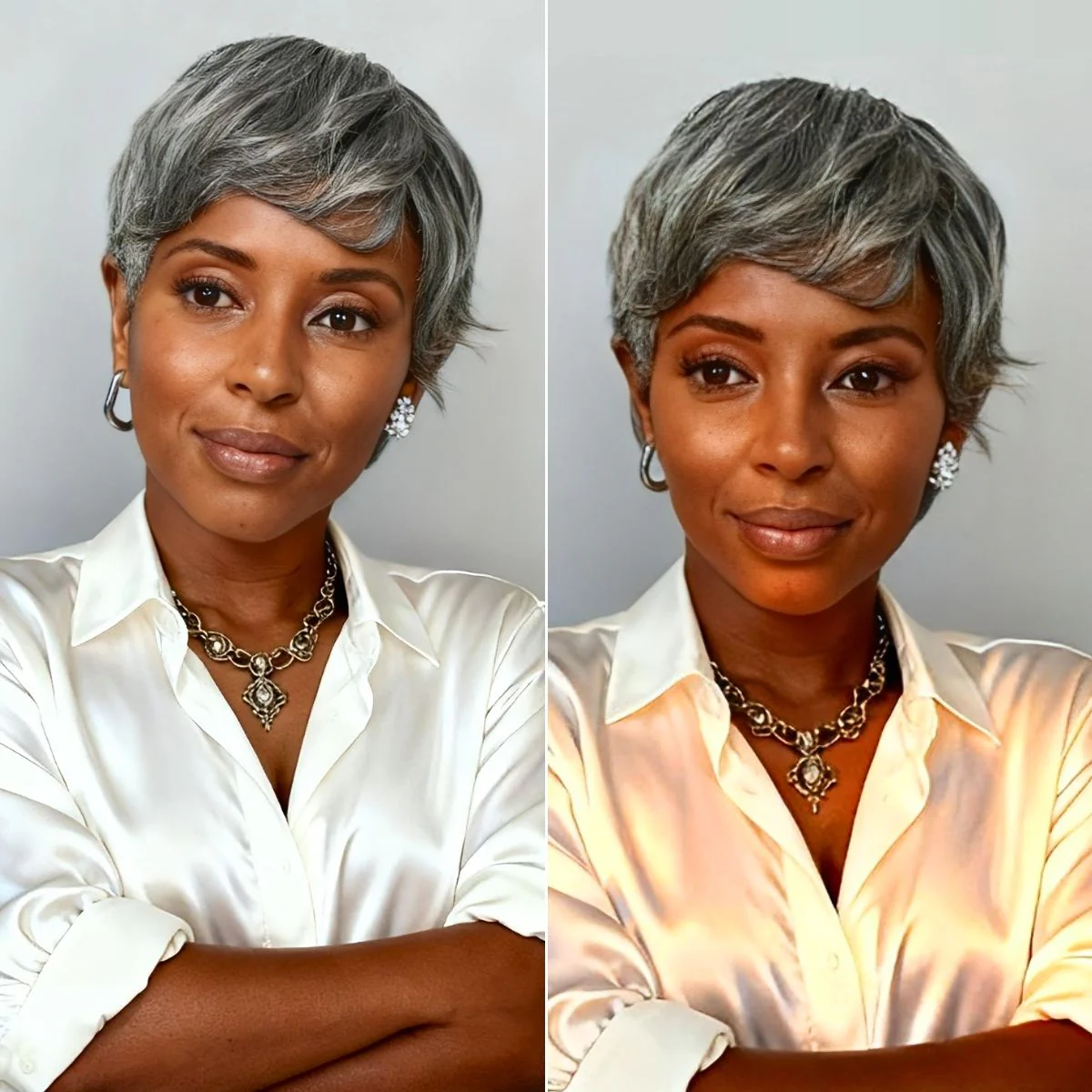 48H Delivery | Salt & Pepper 100% Human Hair Short Pixie Cut Glueless Wig with Bangs Ultra Comfort Skin-Like Soft Care Hair Loss Friendly - Image 3