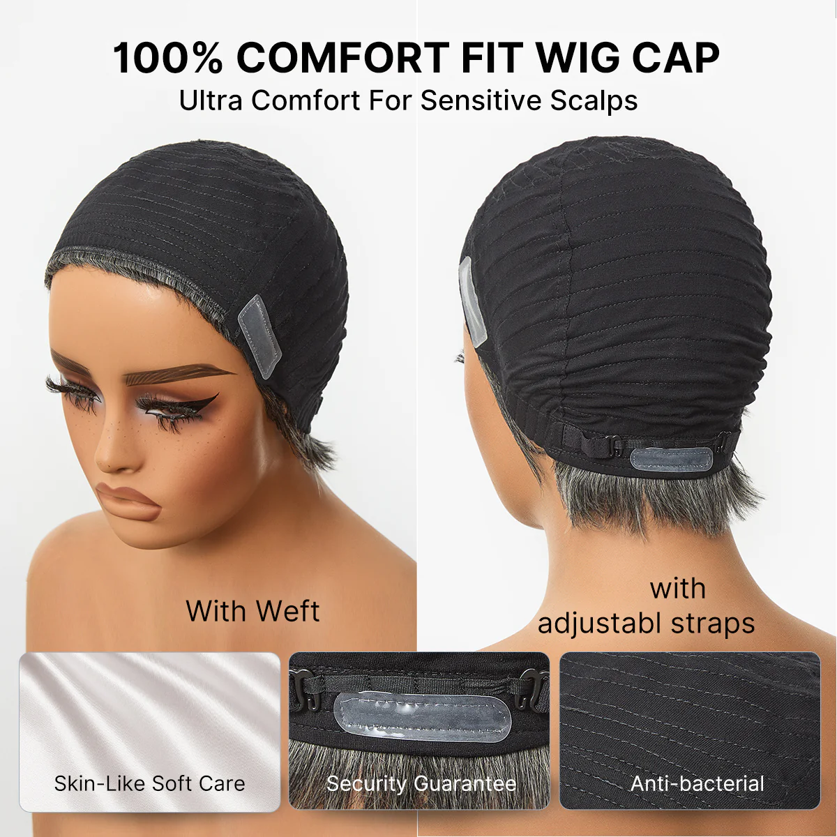 48H Delivery | Salt & Pepper 100% Human Hair Short Pixie Cut Glueless Wig with Bangs Ultra Comfort Skin-Like Soft Care Hair Loss Friendly - Image 8