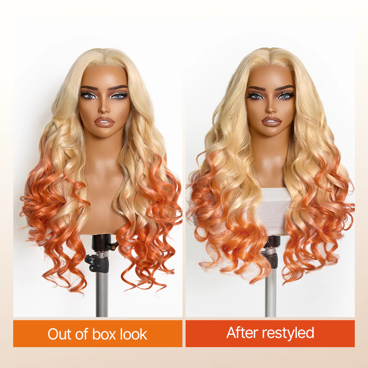 613 Blonde to Ginger Ombre Body Wave Glueless Ear-to-ear 13x4 HD Lace Front Wig Pre-Cut Lace Flexi-Fit Drawstring Cap - Image 6