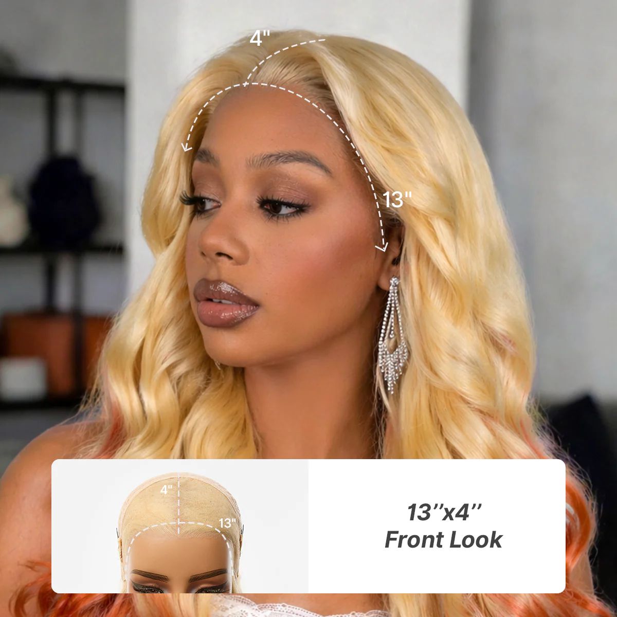 613 Blonde to Ginger Ombre Body Wave Glueless Ear-to-ear 13x4 HD Lace Front Wig Pre-Cut Lace Flexi-Fit Drawstring Cap - Image 8
