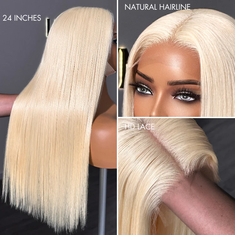PreMax Wigs - 180% Density Easily Redyed 613 Silky Straight 5x5 Closure HD Lace Glueless Mid Part Long Wig Pre-cut & Plucked & Bleached - Image 5