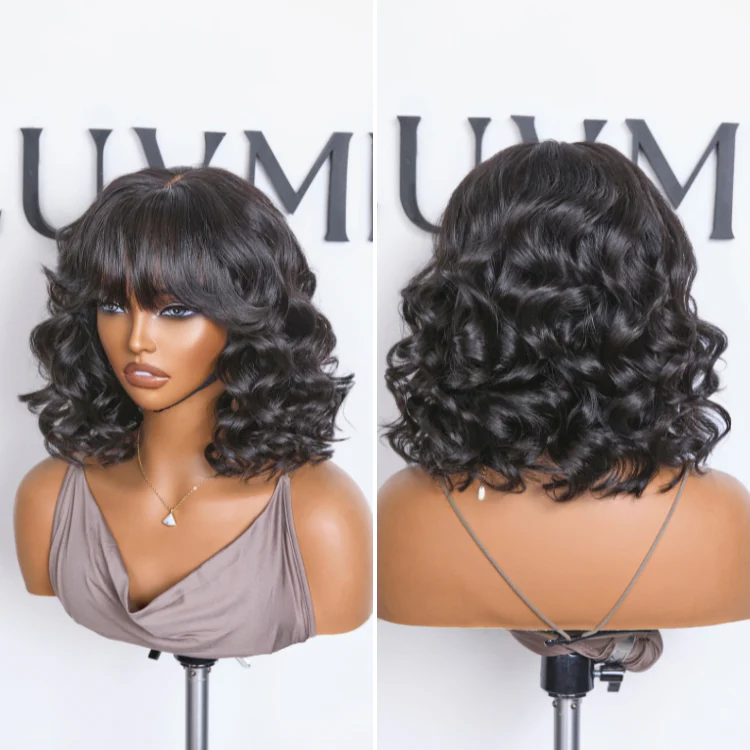 Mature Lady Short Loose Wave Minimalist Lace Wavy Bob Wig with Bangs - US Only - Image 2