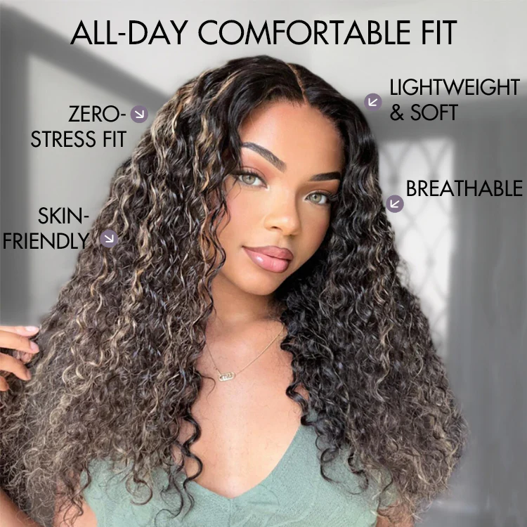 AiryFit™ Scalp Care Wigs - Blonde Highlight Water Wave Snugfit Glueless 5x5 Closure Lace Long Curly Wig Pre-Cut Lace - US Only - Image 3