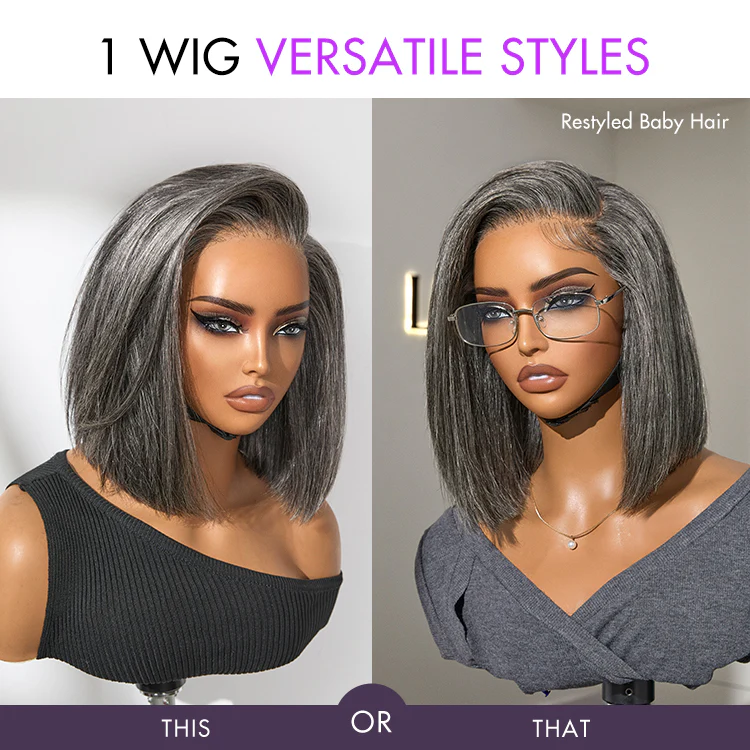 AiryFit™ Scalp Care Wigs -Salt and Pepper Glueless Minimalist HD Lace Bob Wig Pre-Cut Lace - US Only - Image 4