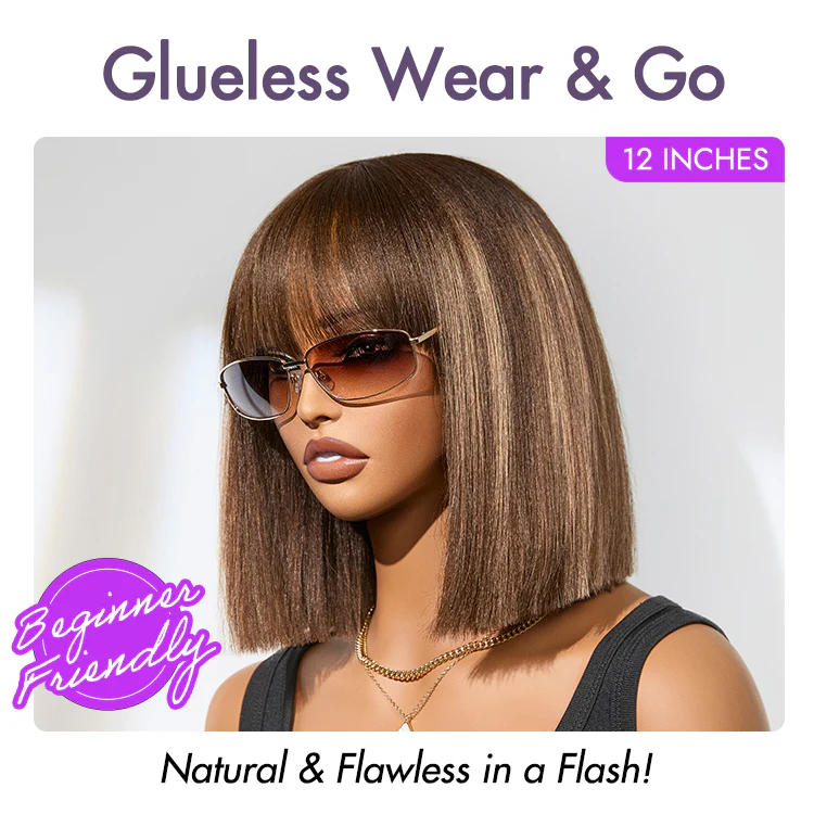 Ash Blonde Highlights with Dark Brown Base Yaki Blunt Cut Bob Wig with Bangs Glueless Minimalist Lace Short Wig - Image 2