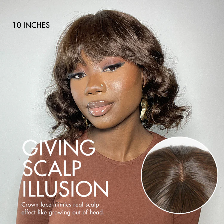 Beginner Friendly Brown Loose Wave Glueless Minimalist Lace Shoulder Length Wavy Bob Wig with Bangs - Image 3