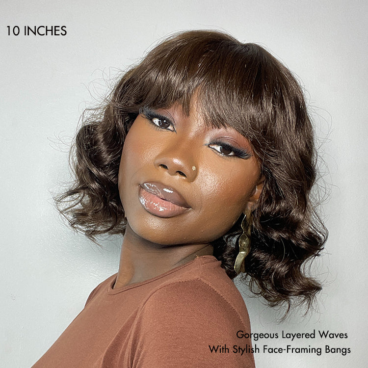 Beginner Friendly Brown Loose Wave Glueless Minimalist Lace Shoulder Length Wavy Bob Wig with Bangs - Image 4