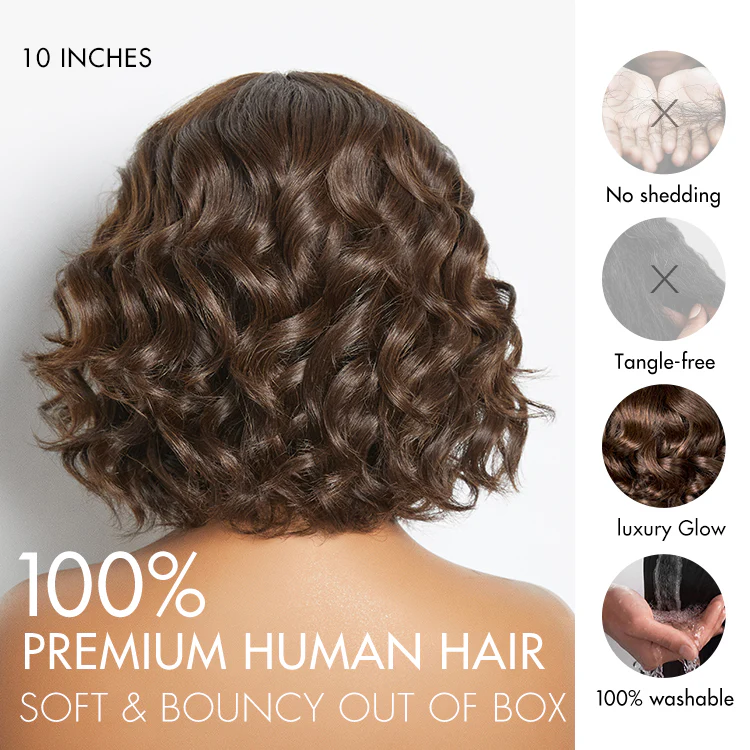 Beginner Friendly Brown Loose Wave Glueless Minimalist Lace Shoulder Length Wavy Bob Wig with Bangs - Image 5
