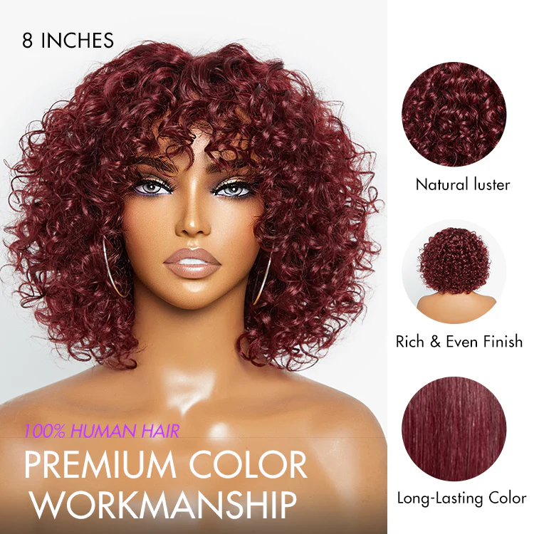 Beginner Friendly Dark Red Water Wave Glueless Minimalist Lace Curly Wig with Bangs - Image 3