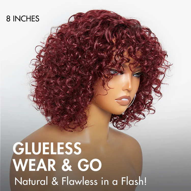 Beginner Friendly Dark Red Water Wave Glueless Minimalist Lace Curly Wig with Bangs - Image 4