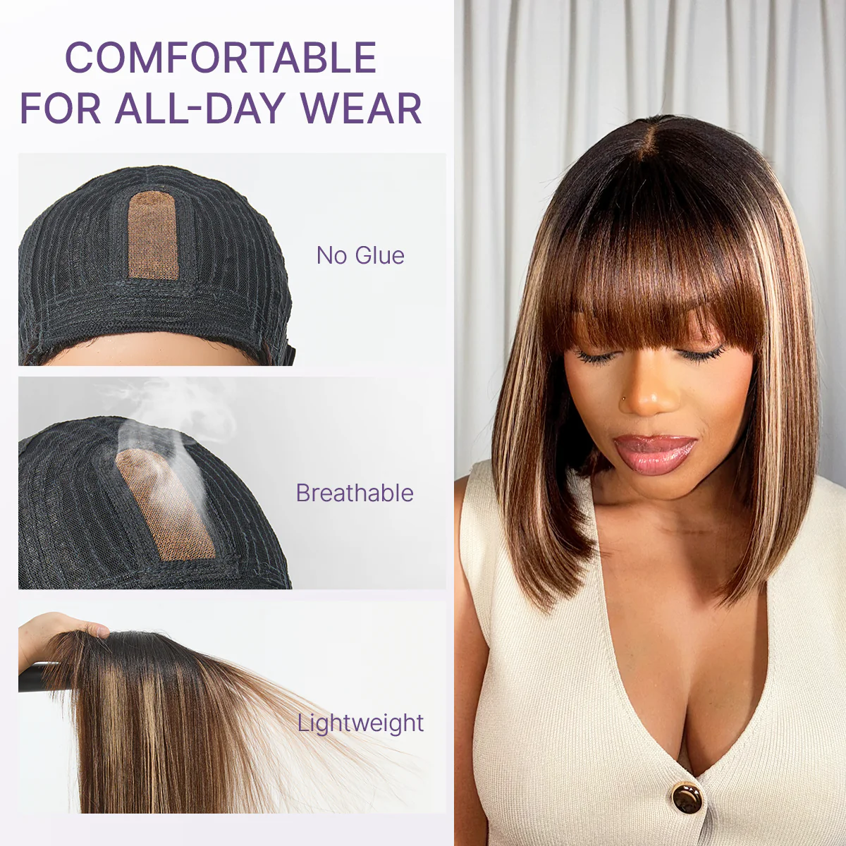 Beginner Friendly Honey Blonde Highlight Yaki Blunt Cut Bob Glueless Minimalist Lace Bob Wig with Bangs - Image 11