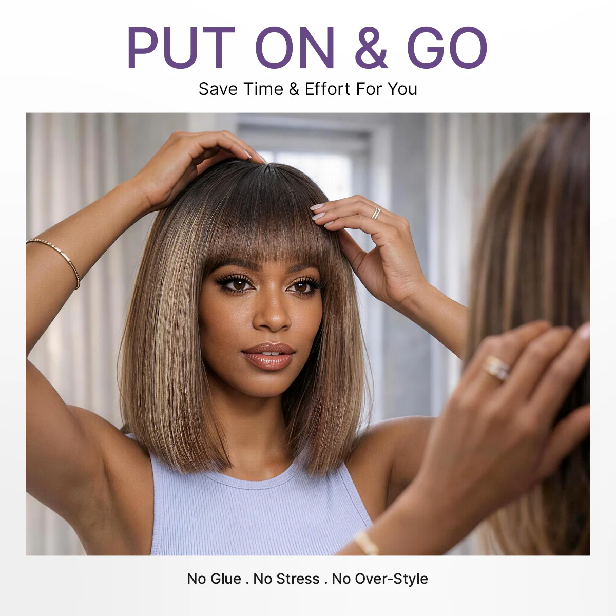 Beginner Friendly Honey Blonde Highlight Yaki Blunt Cut Bob Glueless Minimalist Lace Bob Wig with Bangs - Image 2