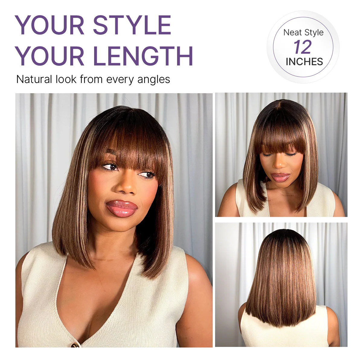 Beginner Friendly Honey Blonde Highlight Yaki Blunt Cut Bob Glueless Minimalist Lace Bob Wig with Bangs - Image 5