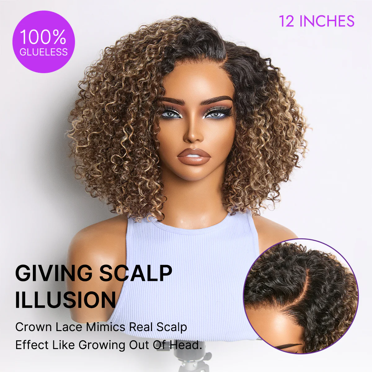 Blonde Highlight Short Cut Kinky Curly Minimalist HD Lace Glueless Wig Pre-Cut Lace - Image 2