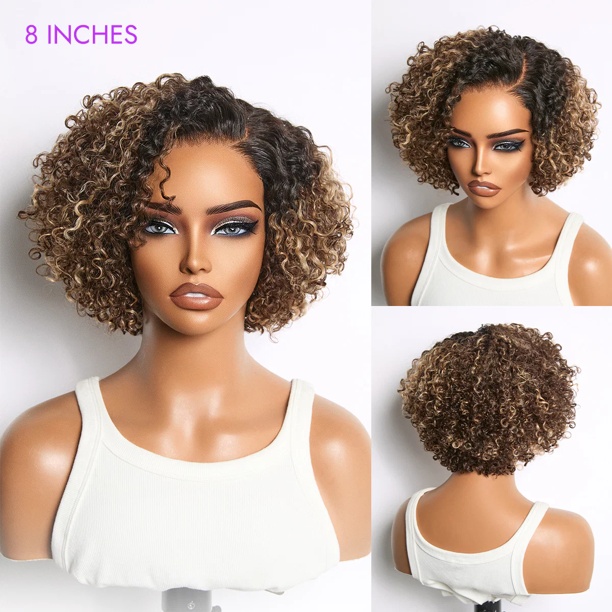 Blonde Highlight Short Cut Kinky Curly Minimalist HD Lace Glueless Wig Pre-Cut Lace - Image 3