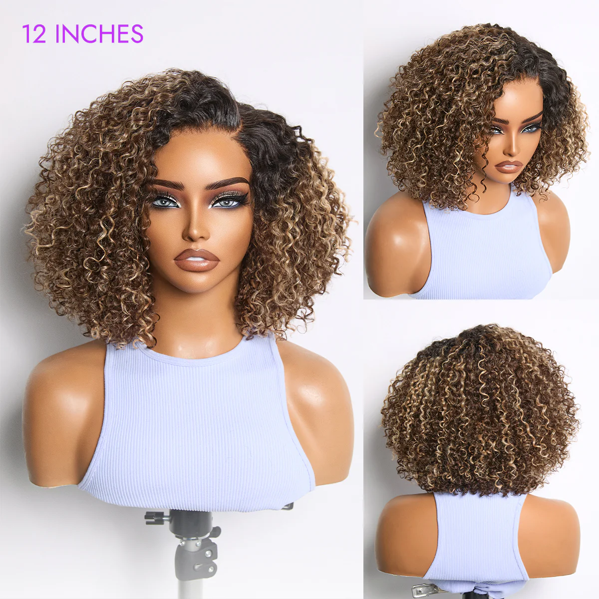 Blonde Highlight Short Cut Kinky Curly Minimalist HD Lace Glueless Wig Pre-Cut Lace - Image 4