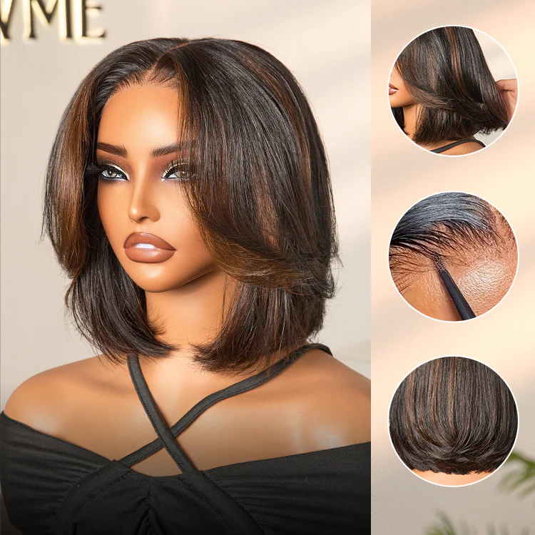 Blonde Highlight / Brown Highlight Short Layered Bob Wig Glueless 5x5 Closure Pre-Cut Lace Wig - Image 13