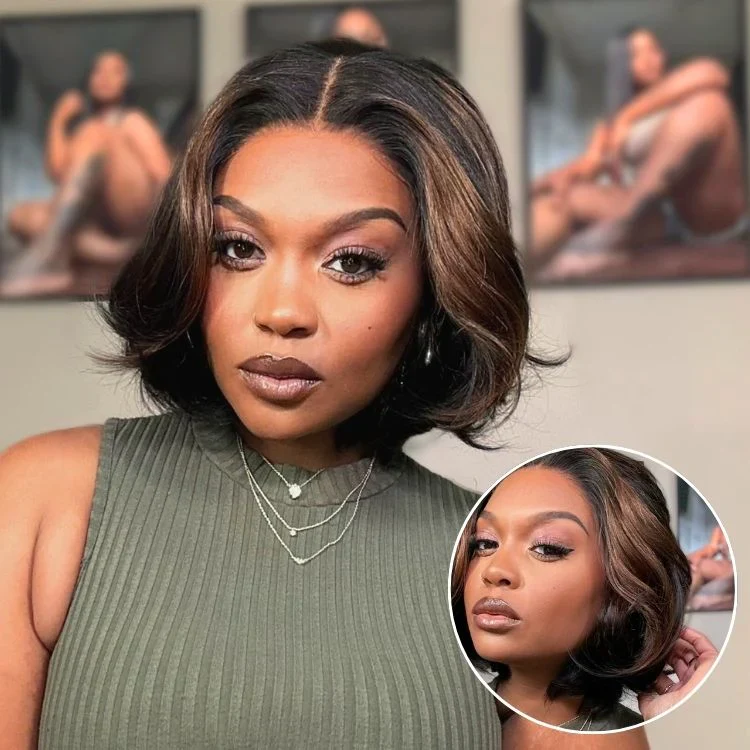 Blonde Highlight / Brown Highlight Short Layered Bob Wig Glueless 5x5 Closure Pre-Cut Lace Wig - Image 14