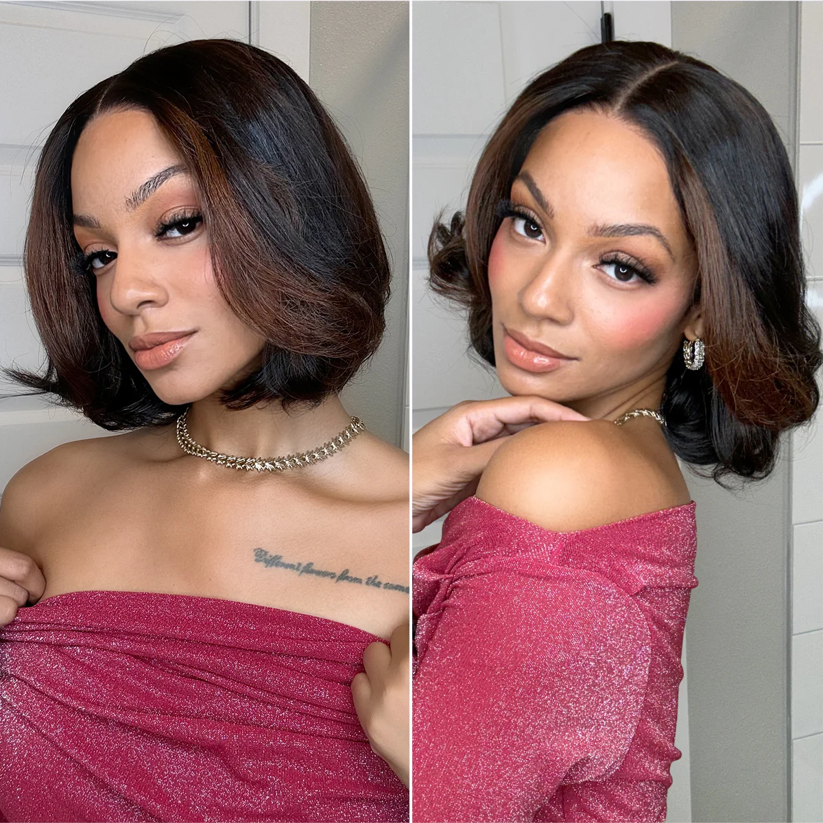 Blonde Highlight / Brown Highlight Short Layered Bob Wig Glueless 5x5 Closure Pre-Cut Lace Wig - Image 16