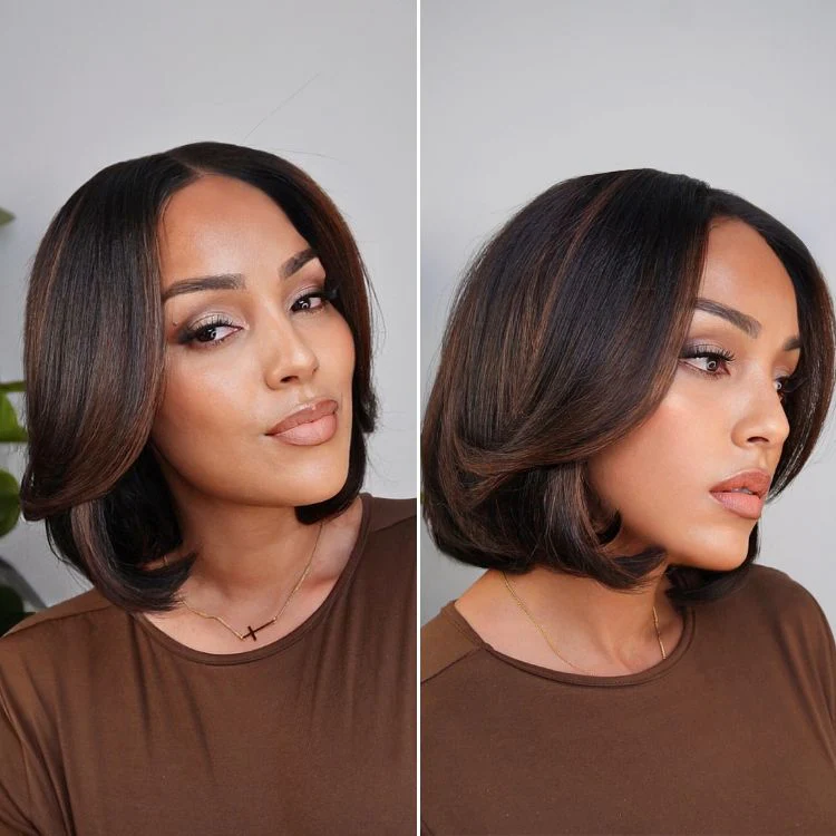 Blonde Highlight / Brown Highlight Short Layered Bob Wig Glueless 5x5 Closure Pre-Cut Lace Wig - Image 17