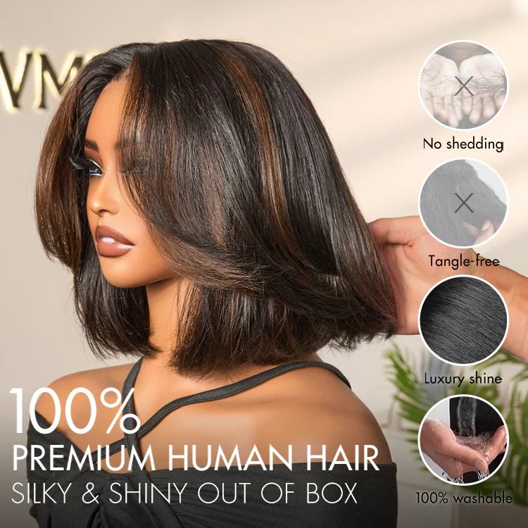 Blonde Highlight / Brown Highlight Short Layered Bob Wig Glueless 5x5 Closure Pre-Cut Lace Wig - Image 19
