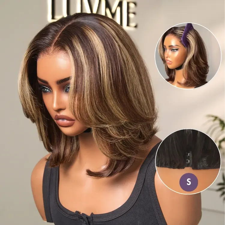Blonde Highlight / Brown Highlight Short Layered Bob Wig Glueless 5x5 Closure Pre-Cut Lace Wig - Image 7