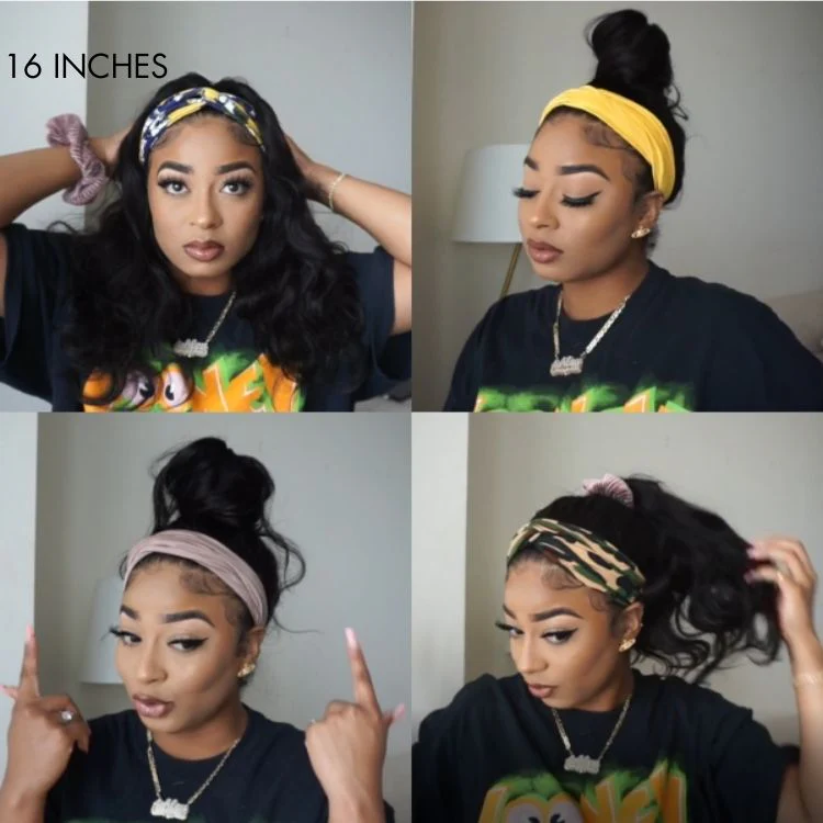 Natural Black Body Wave No Lace Glueless Long Headband Wig 100% Human Hair - Image 3