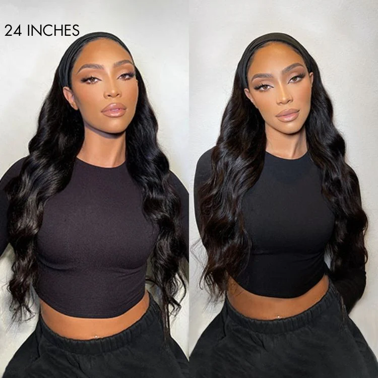 Natural Black Body Wave No Lace Glueless Long Headband Wig 100% Human Hair - Image 4