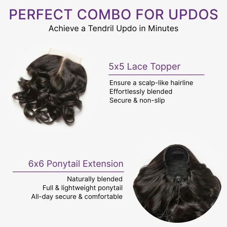 Body Wave Updo Hairpiece with Clip-In 5x5 Lace Closure Bangs and Drawstring Ponytail Quick & Easy - Image 3