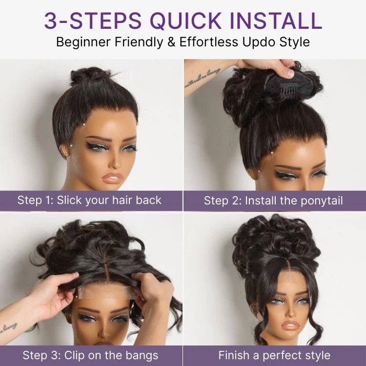 Body Wave Updo Hairpiece with Clip-In 5x5 Lace Closure Bangs and Drawstring Ponytail Quick & Easy - Image 6