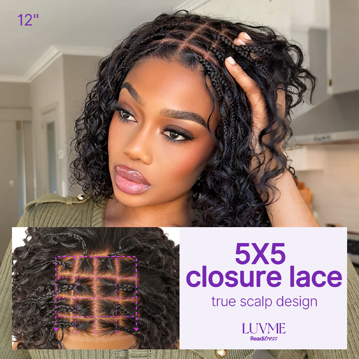 Readitress™ Boho Braids Deep Curly Glueless 5x5 Closure Lace with Braided Top Human Hair Wig Pre-Cut Lace - Image 5