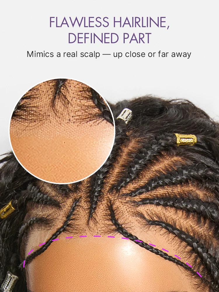 Boho Fulani Braids Water Wave 13x4 Frontal Lace Wig Pre-cut Lace Human Hair - Image 5