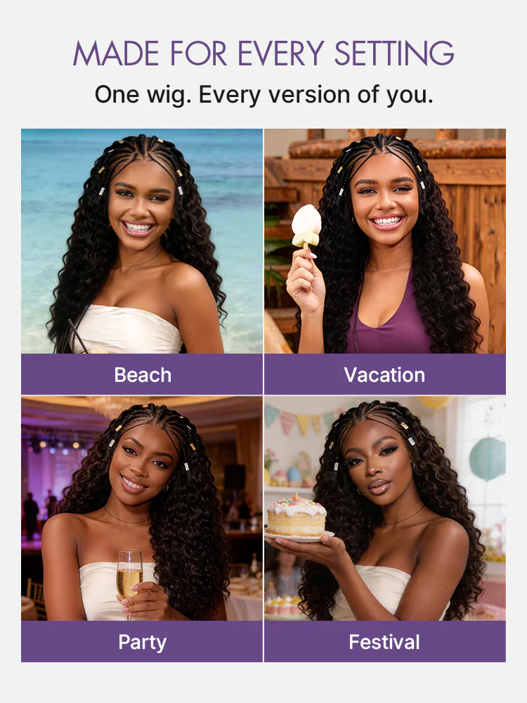 Boho Fulani Braids Water Wave 13x4 Frontal Lace Wig Pre-cut Lace Human Hair - Image 8