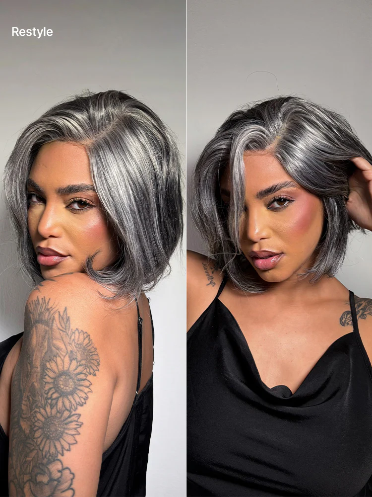 Boss Vibe Salt & Pepper Layered Bob Glueless Pre-Cut Minimalist HD Lace Grey Wig - Image 3