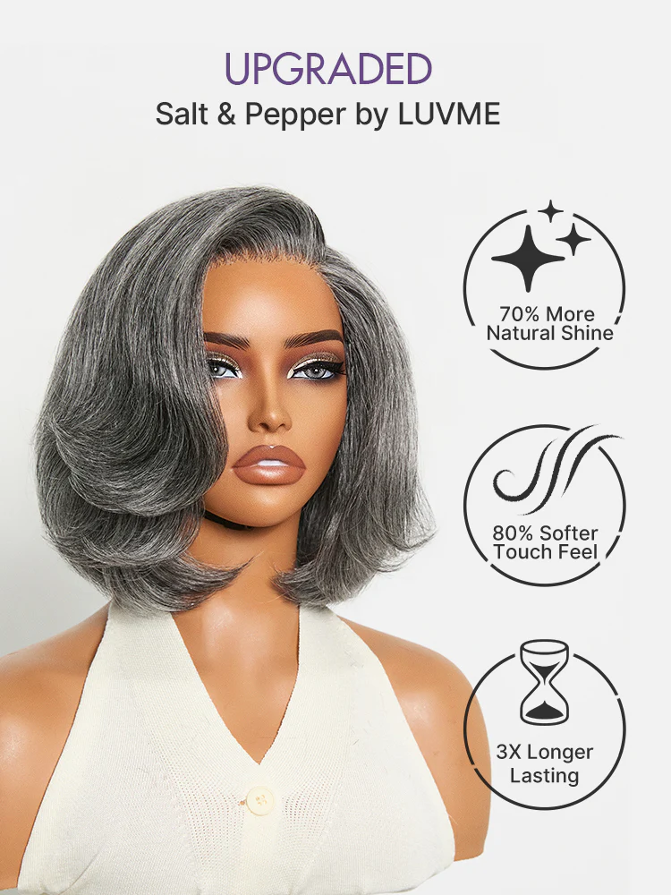 Boss Vibe Salt & Pepper Layered Bob Glueless Pre-Cut Minimalist HD Lace Grey Wig - Image 4