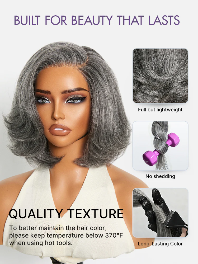 Boss Vibe Salt & Pepper Layered Bob Glueless Pre-Cut Minimalist HD Lace Grey Wig - Image 5
