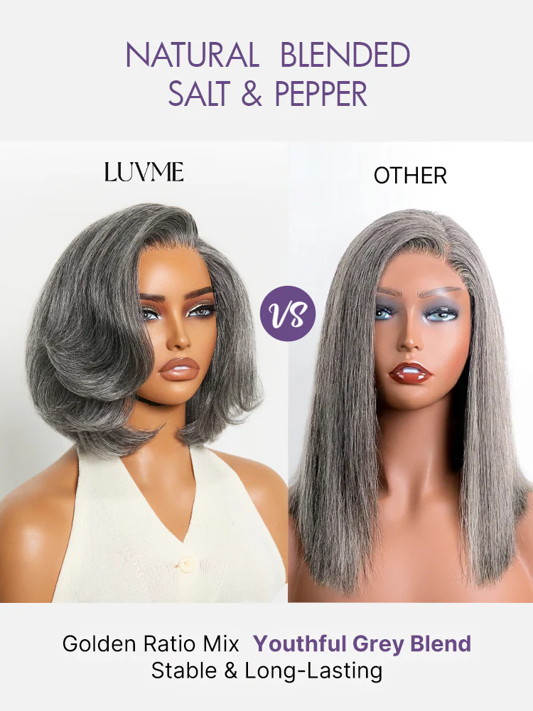 Boss Vibe Salt & Pepper Layered Bob Glueless Pre-Cut Minimalist HD Lace Grey Wig - Image 6