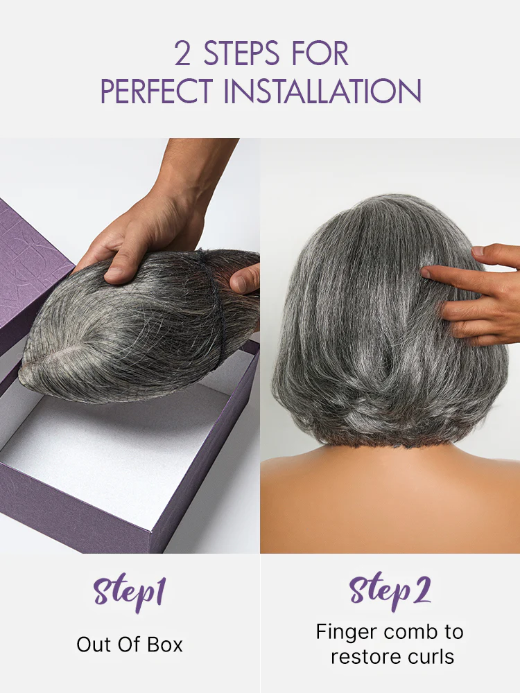 Boss Vibe Salt & Pepper Layered Bob Glueless Pre-Cut Minimalist HD Lace Grey Wig - Image 7